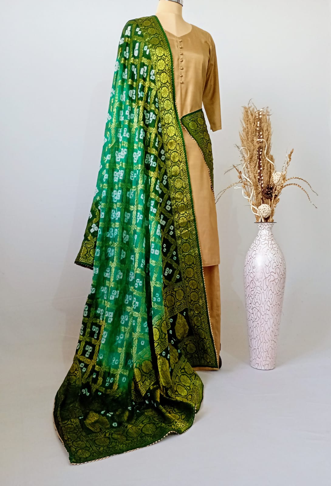 Pure Silk Gharchola Dupatta in Sap Green and Olive