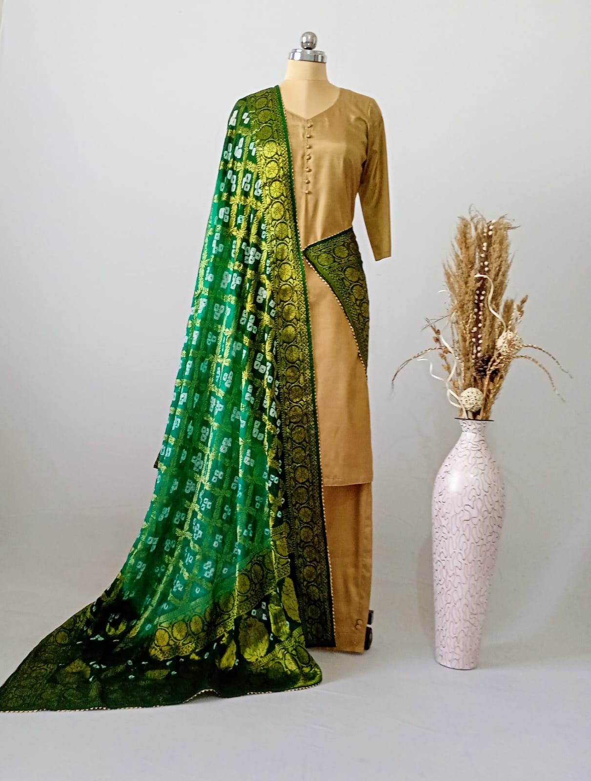 Pure Silk Gharchola Dupatta in Sap Green and Olive