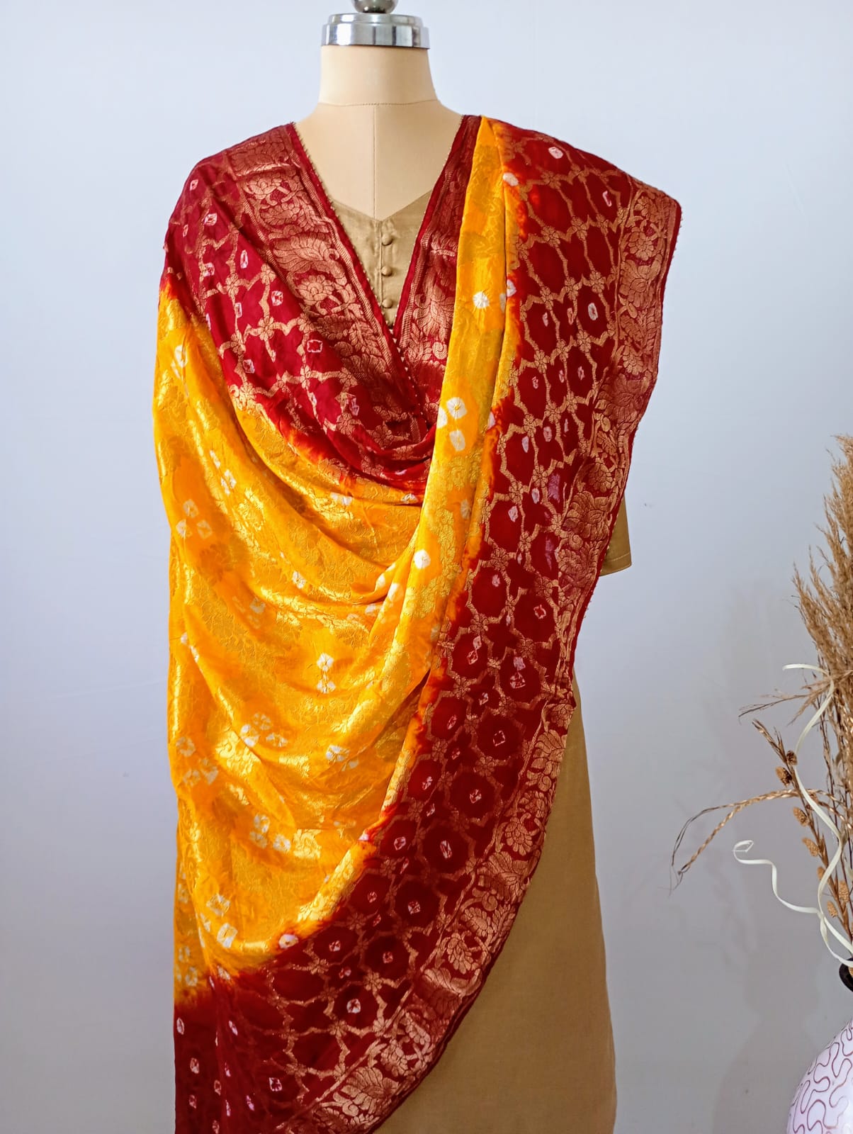 Pure Silk Gharchola Dupatta in Yellow and Mahroon