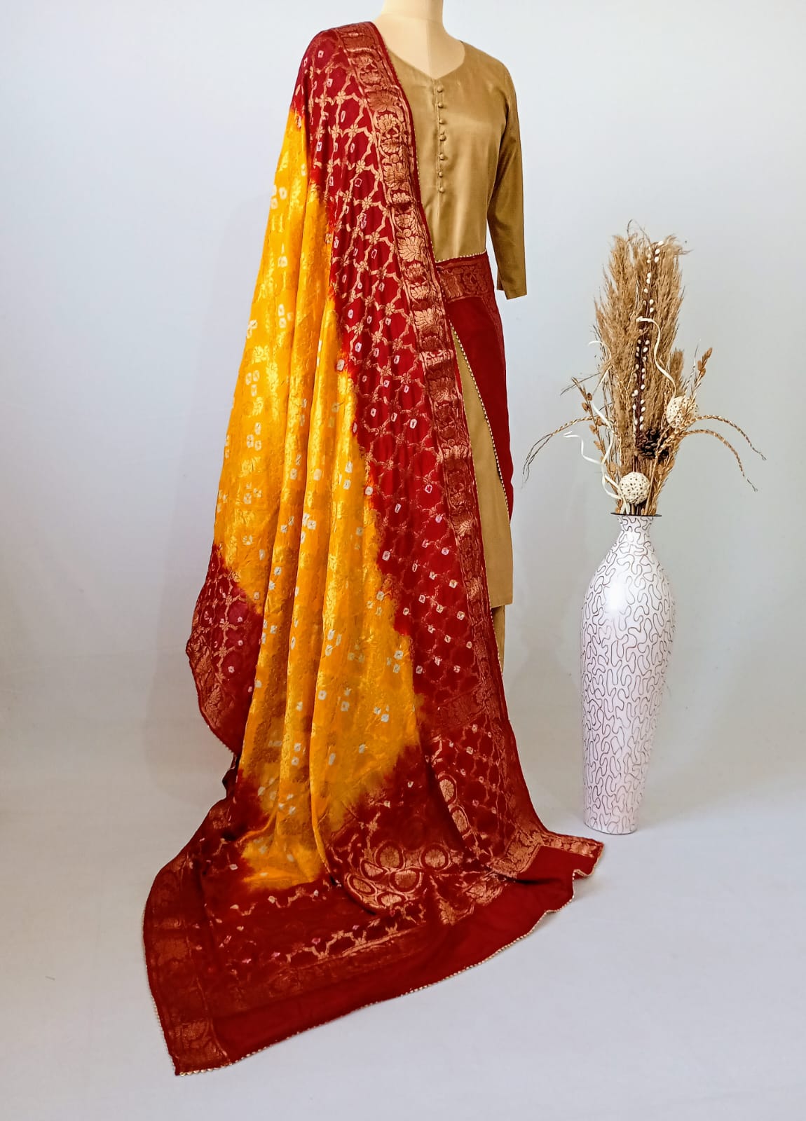 Pure Silk Gharchola Dupatta in Yellow and Mahroon