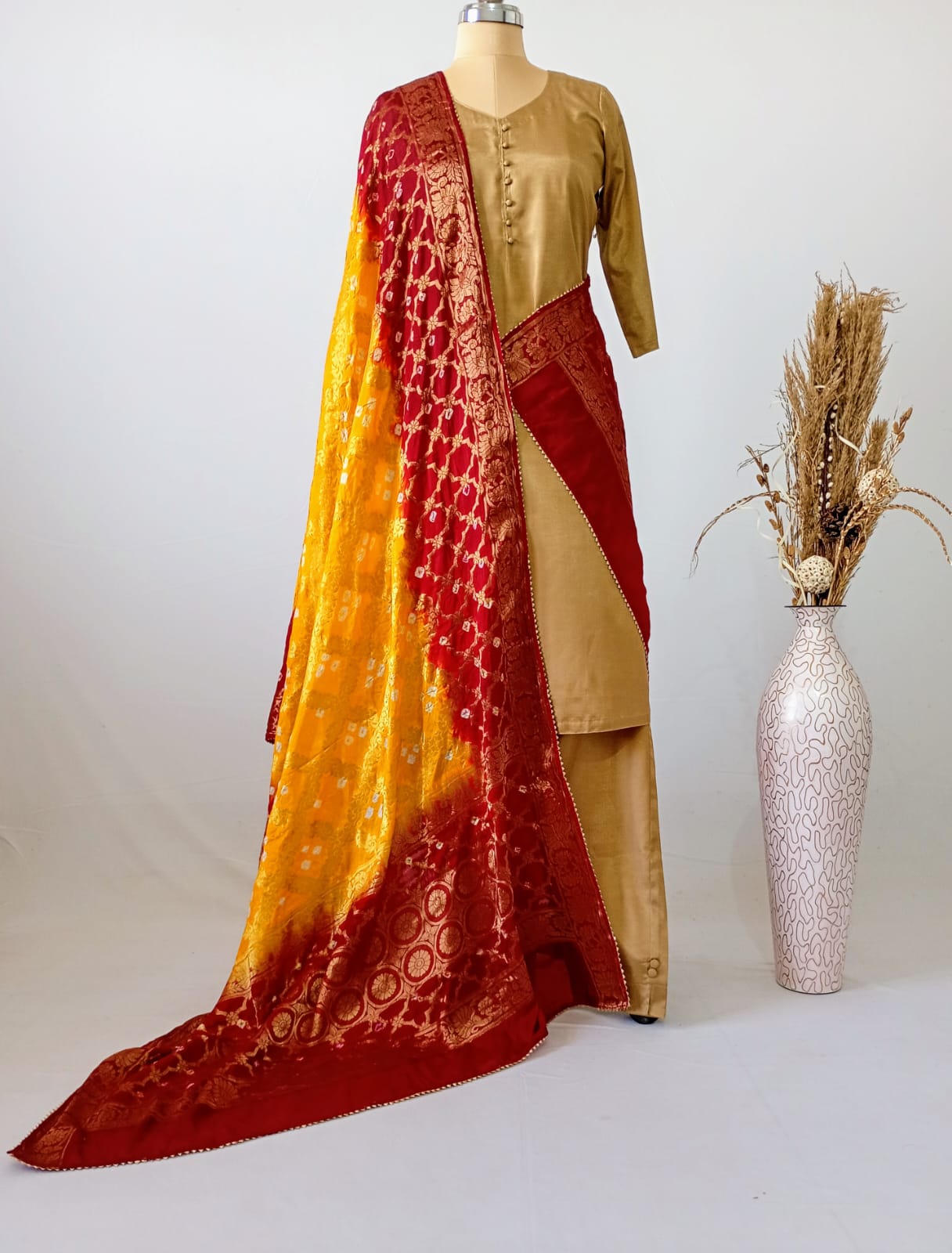 Pure Silk Gharchola Dupatta in Yellow and Mahroon
