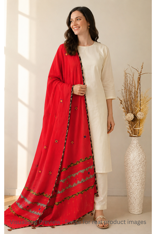 Applique Patch work Poster Red Cotton Dupatta