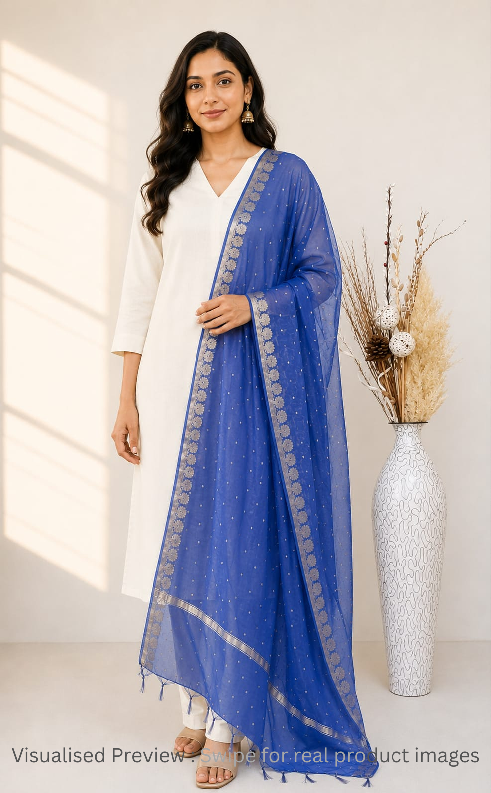 Chanderi Silk Royal Blue buti border Dupatta