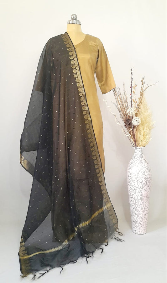 Chanderi Silk Black Pearl Butti border Dupatta