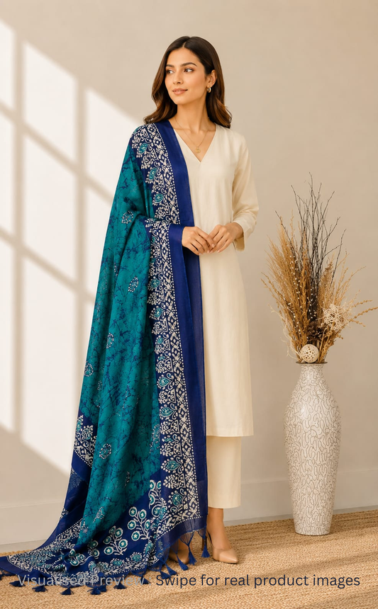 Art Silk Batik print Teal Dupatta