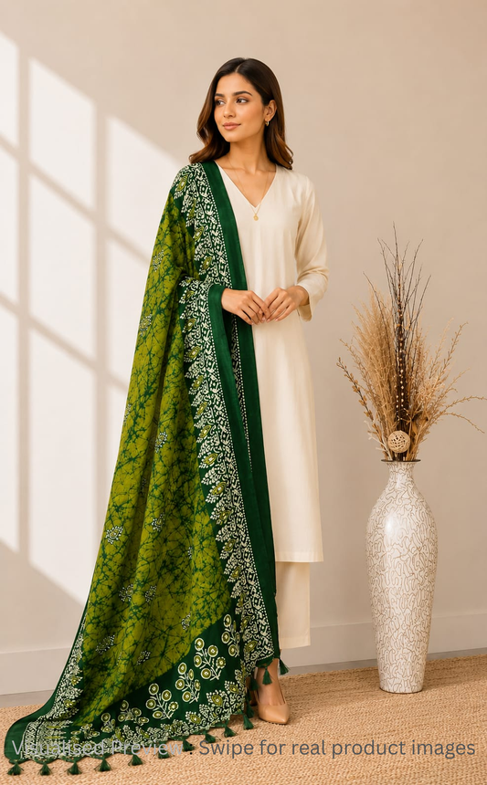 Art Silk Batik print Olive Green Dupatta