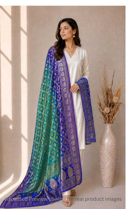Pure Silk Gharchola Dupatta in Turquoise and Royal Blue