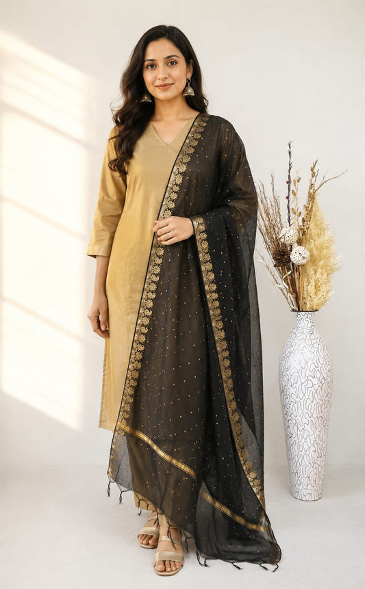 Chanderi Silk Black Pearl Butti border Dupatta