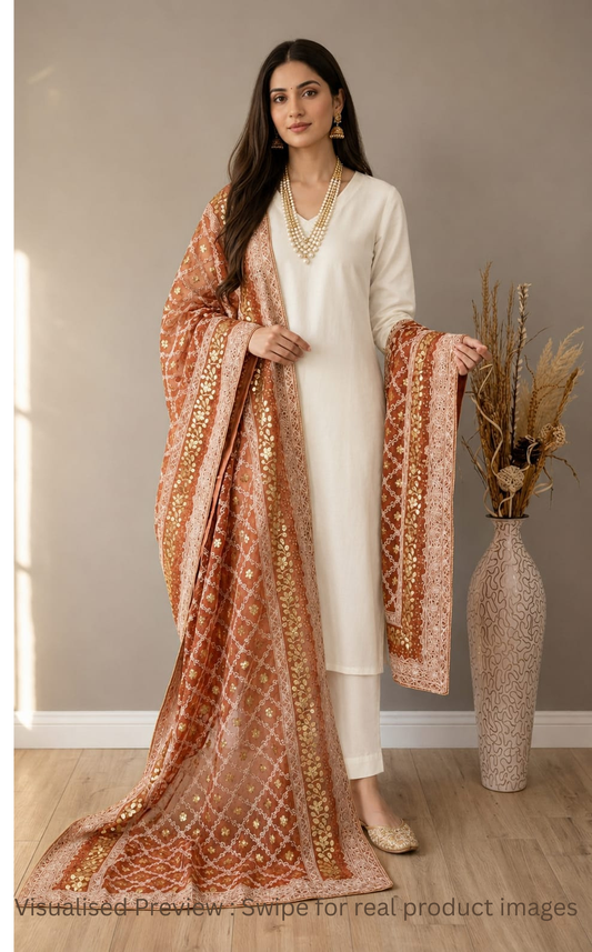 Nazaqat Georgette muted Red Lakhnavi Gota work Dupatta