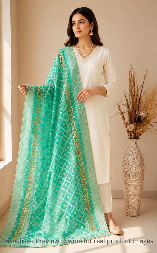 Nazaqat Georgette Sea Green Lakhnavi Gota work Dupatta