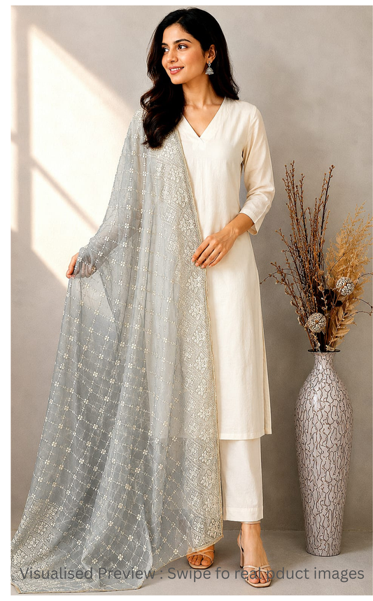 Tissue Grey Dupatta in Lakhnavi work