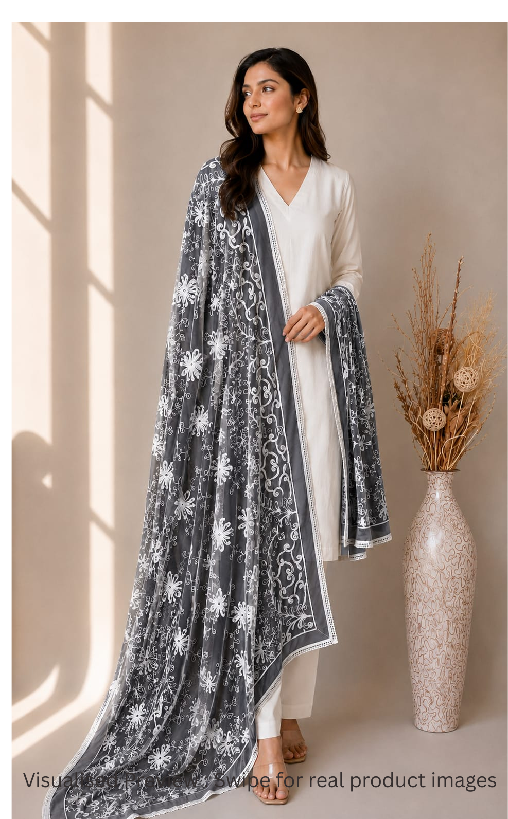 Chiffon Grey Dupatta Karachi work inspired