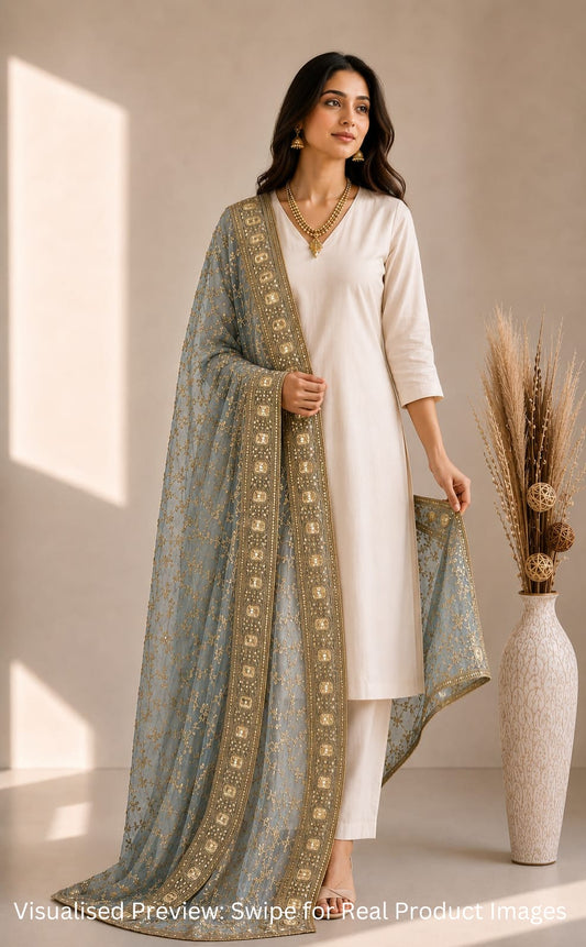 Organza Grey Dupatta with Zari & Sequin work