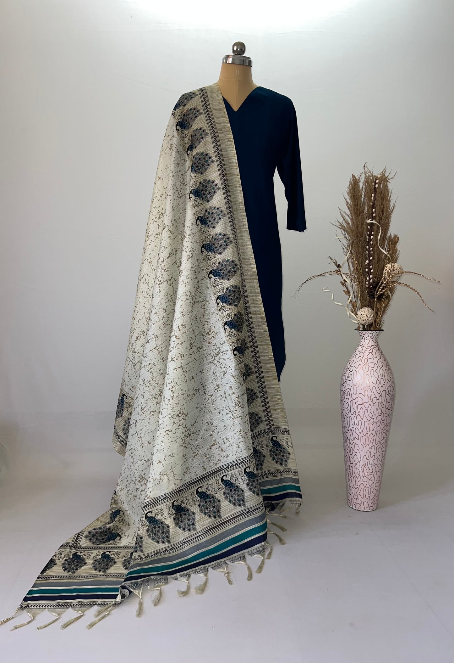 Off-White Silk Dupatta with Blue Peacock border