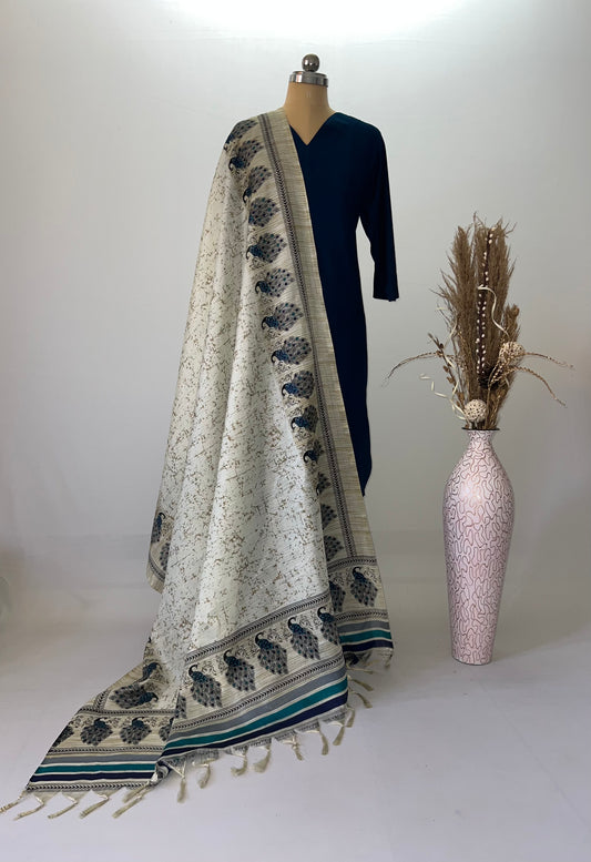 Off-White Silk Dupatta with Blue Peacock border