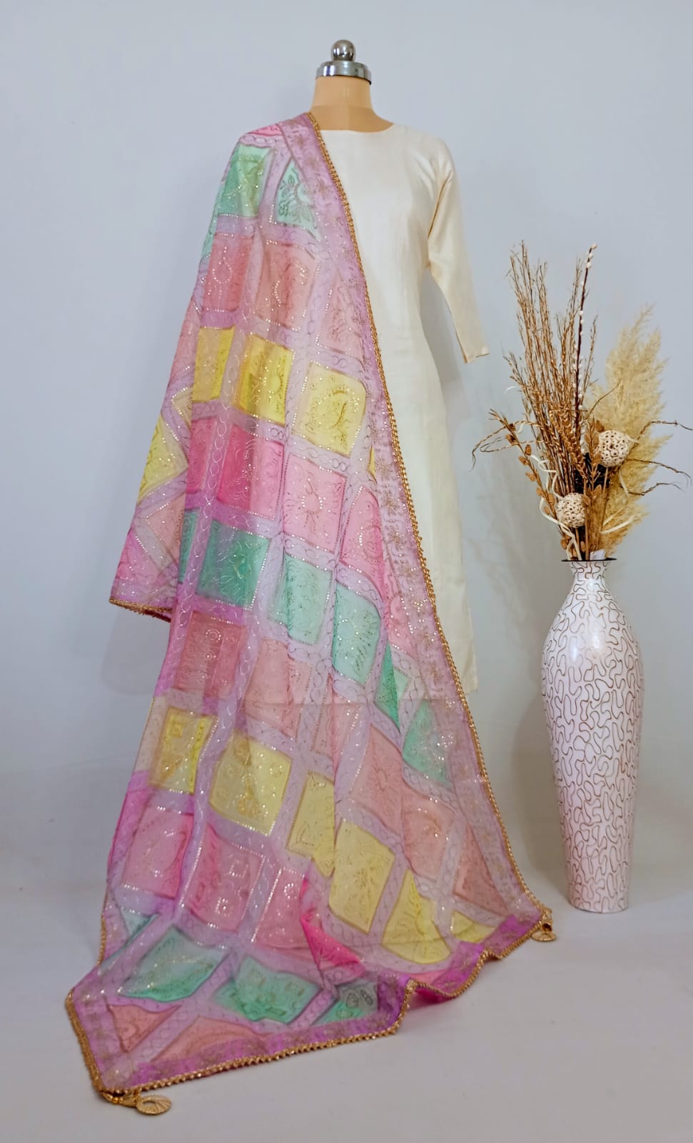 Organza Multicolor Sequins work Dupatta