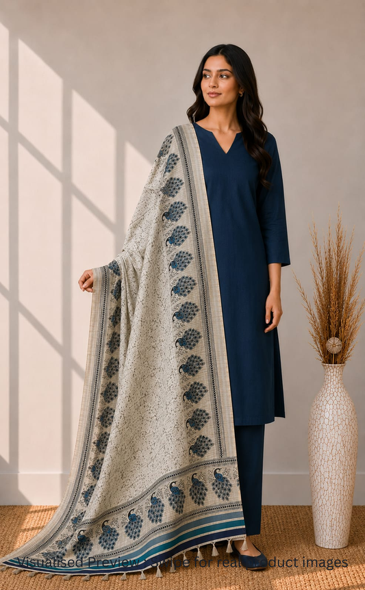 Off-White Art Silk Dupatta with Blue Peacock border