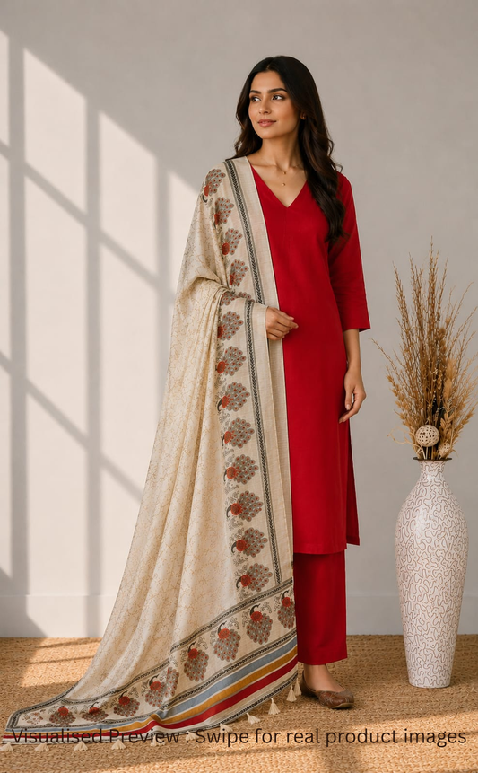 Art Silk Off-white Dupatta with Red peacock border