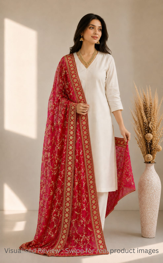 Organza Crimson Red Dupatta with Zari & Sequin work