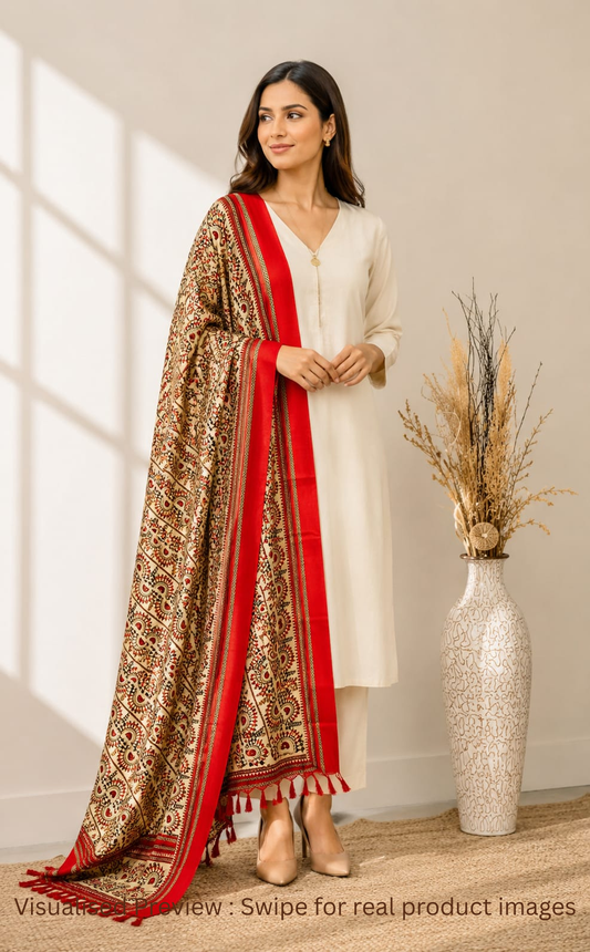 Art Silk Warli-art Dupatta with Red border