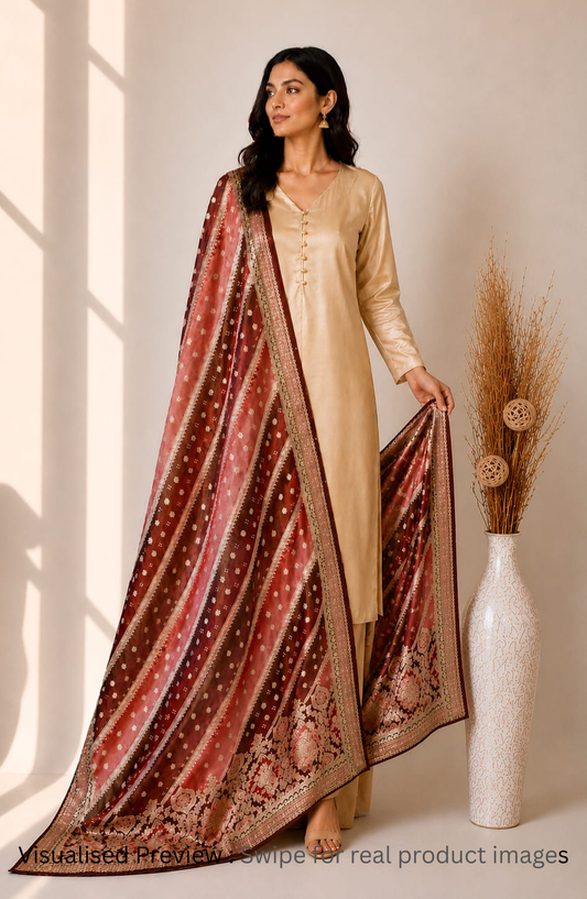 Tissue Position Print Dupatta in Rose Gold and Mahroon