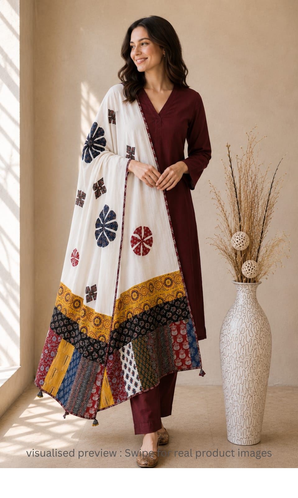 Applique Patch work White Cotton Dupatta