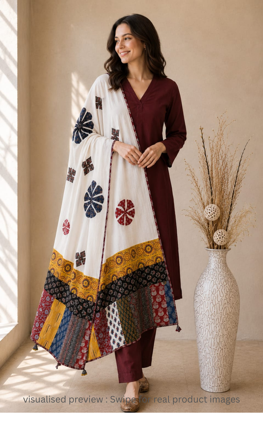 Applique Patch work White Cotton Dupatta