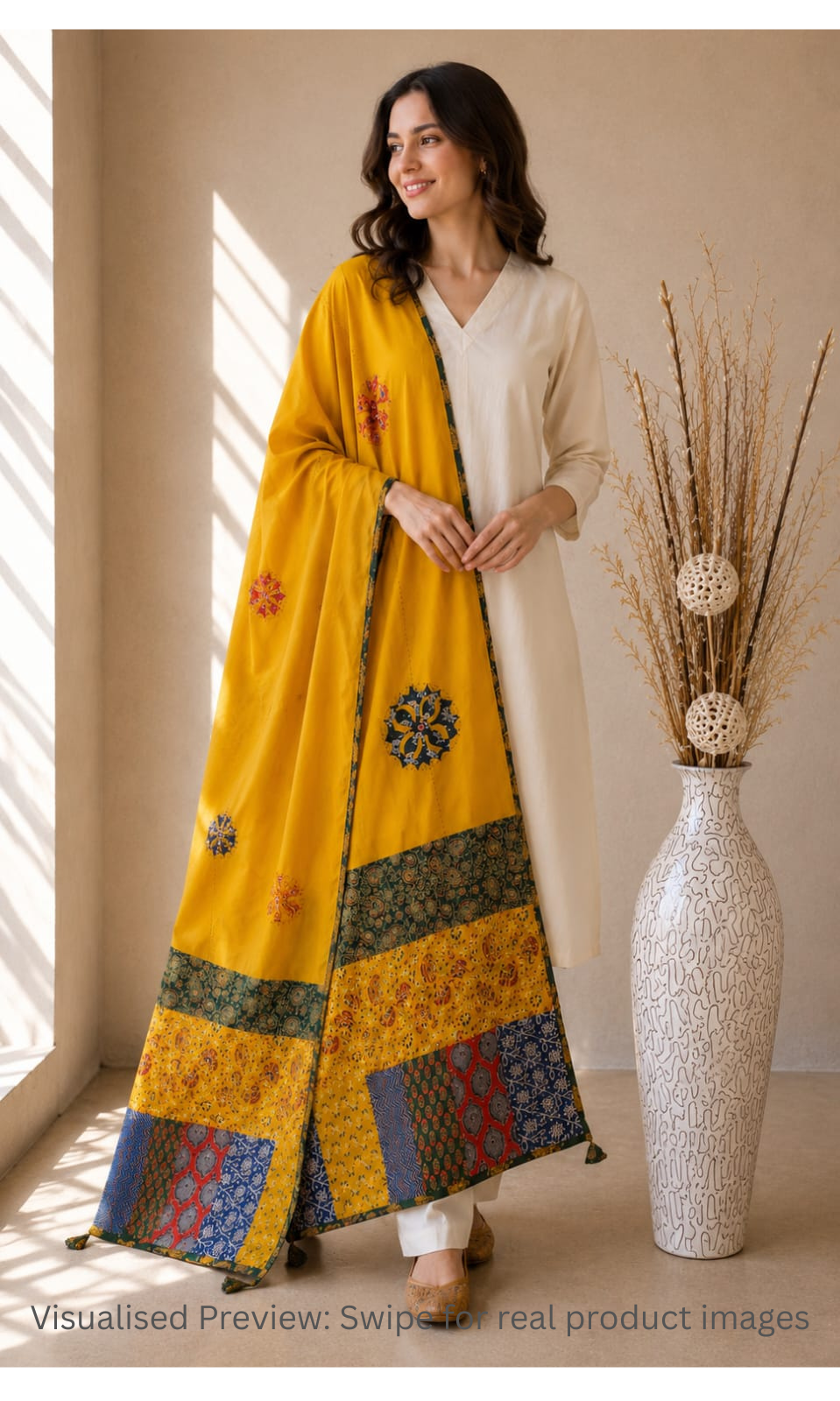 Applique Patch work Ochre Yellow Cotton Dupatta