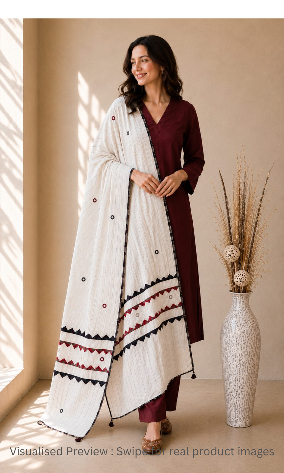 Applique Patch work White Cotton Dupatta