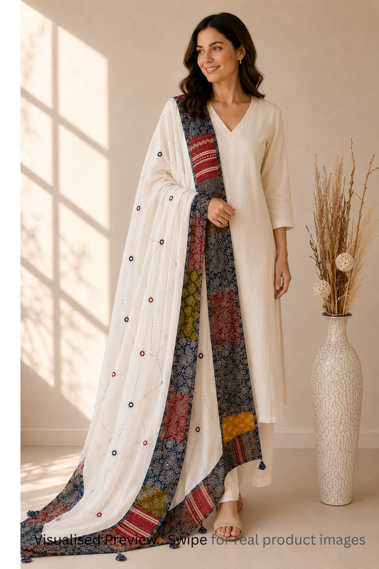 Applique Patch work border White Cotton Dupatta