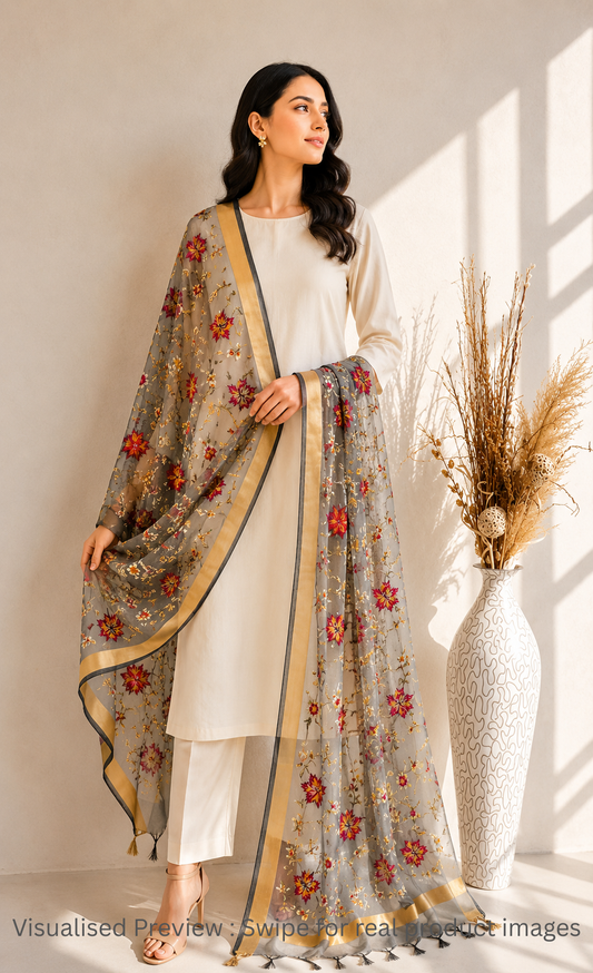 Organza Grey Kashidakari Dupatta