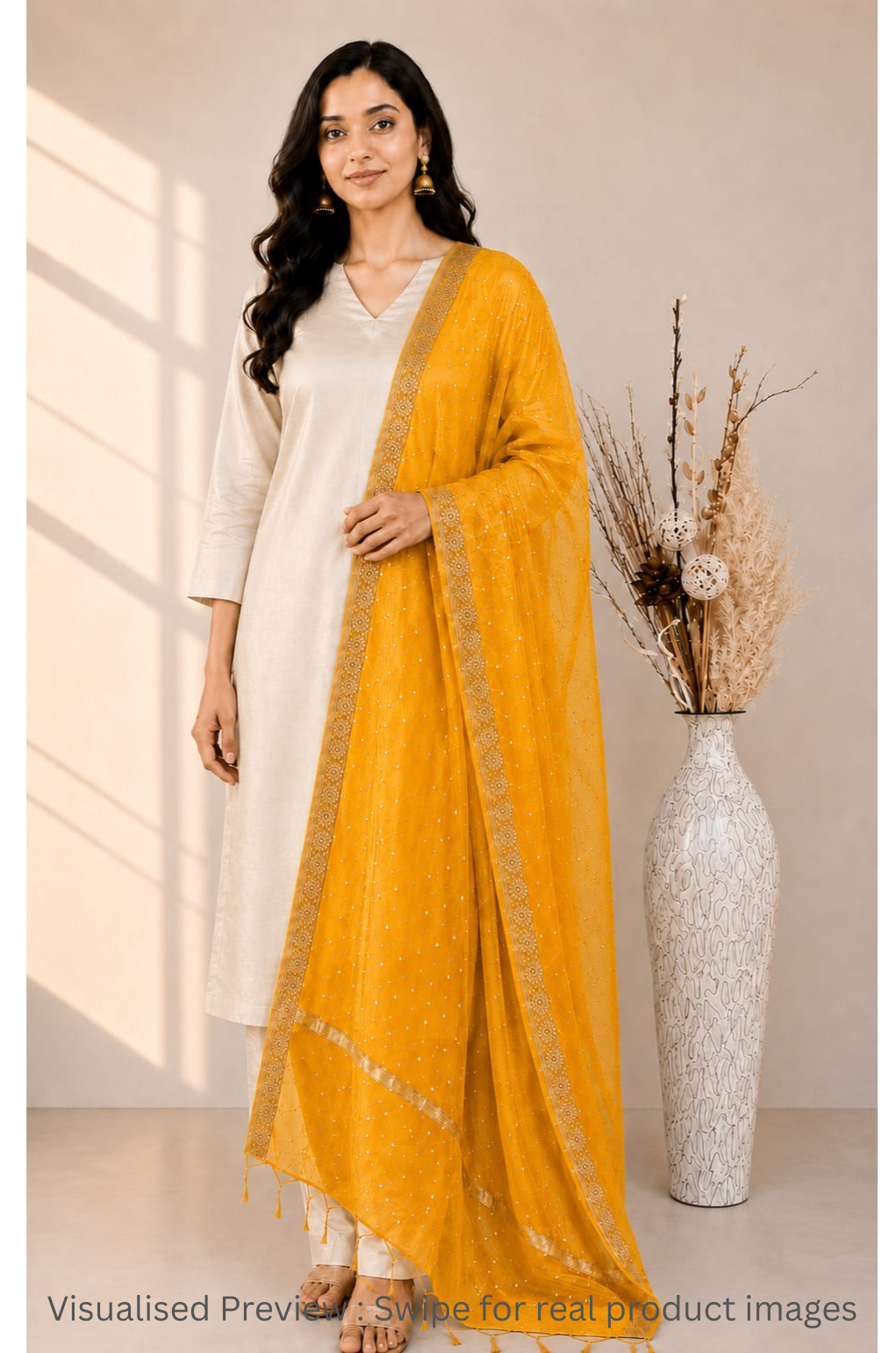 Chanderi Silk Amber Yellow Buti border Dupatta