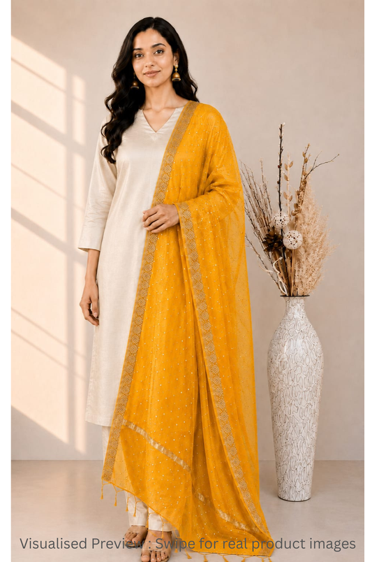 Chanderi Silk Amber Yellow Buti border Dupatta