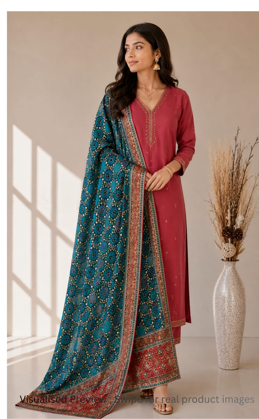 Viscose Dola Silk Position Print dupatta in Teal Blue