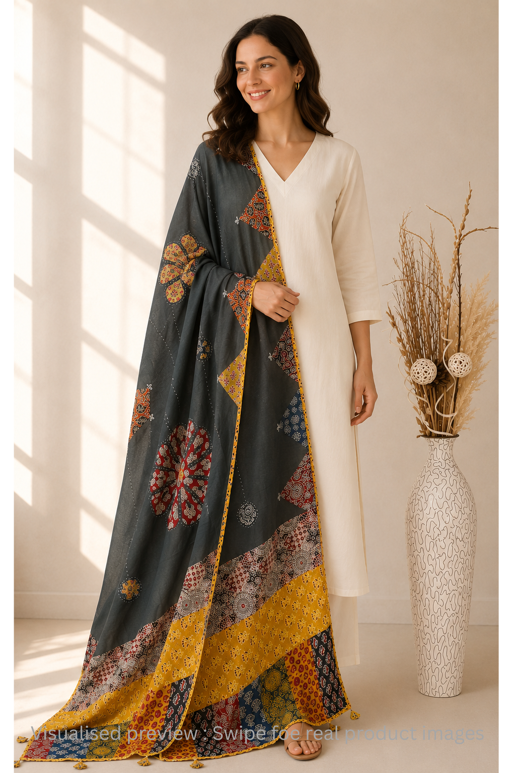 Applique Patch work Olive Green Cotton Dupatta
