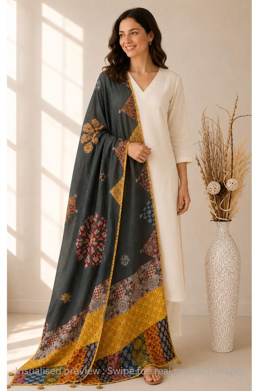 Applique Patch work Olive Green Cotton Dupatta