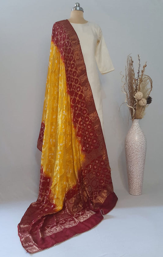 Pure Silk Gharchola Dupatta in Yellow and Mahroon