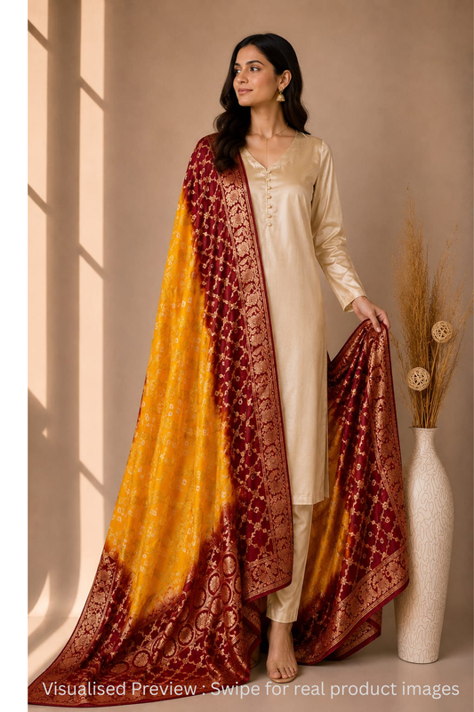 Pure Silk Gharchola Dupatta in Yellow and Mahroon