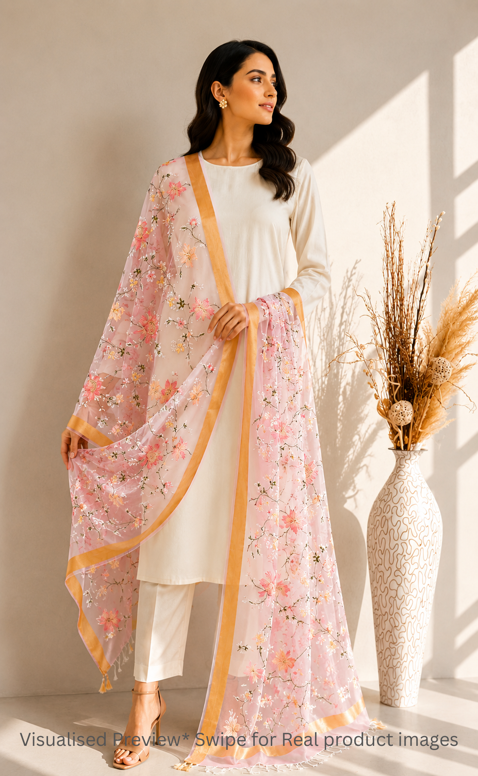 Organza Soft Pink Kashidakari Dupatta