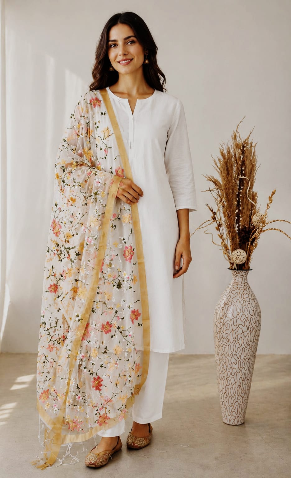 Off-white Organza dupatta in Kashidakari