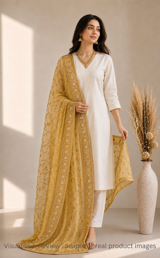 Organza Golden Yellow Dupatta with Zari & Sequin work